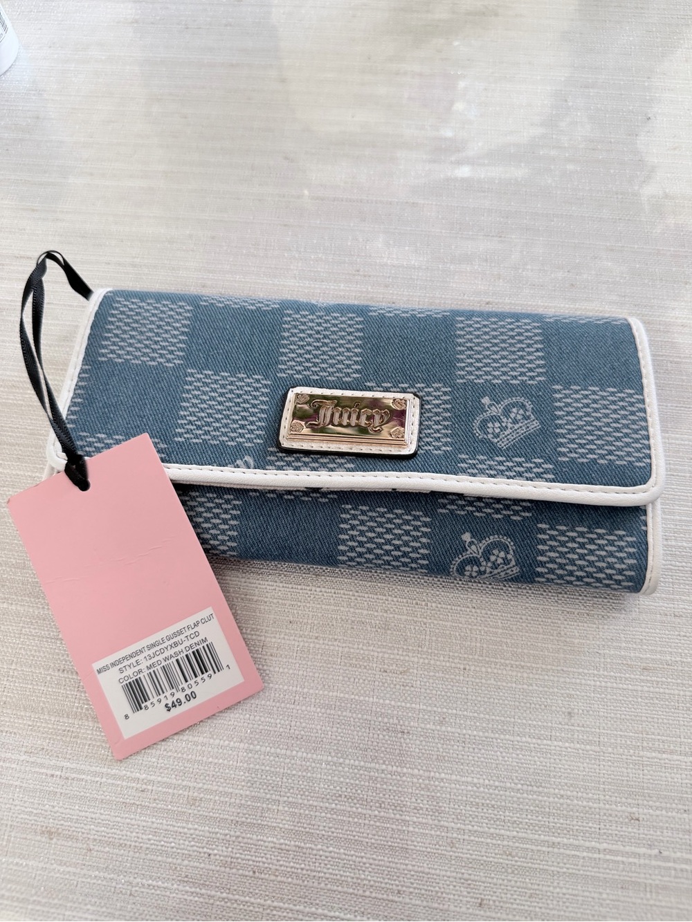 Juicy Couture Blue Denim Check Clutch Wallet with White Trim - Picture 8 of 8